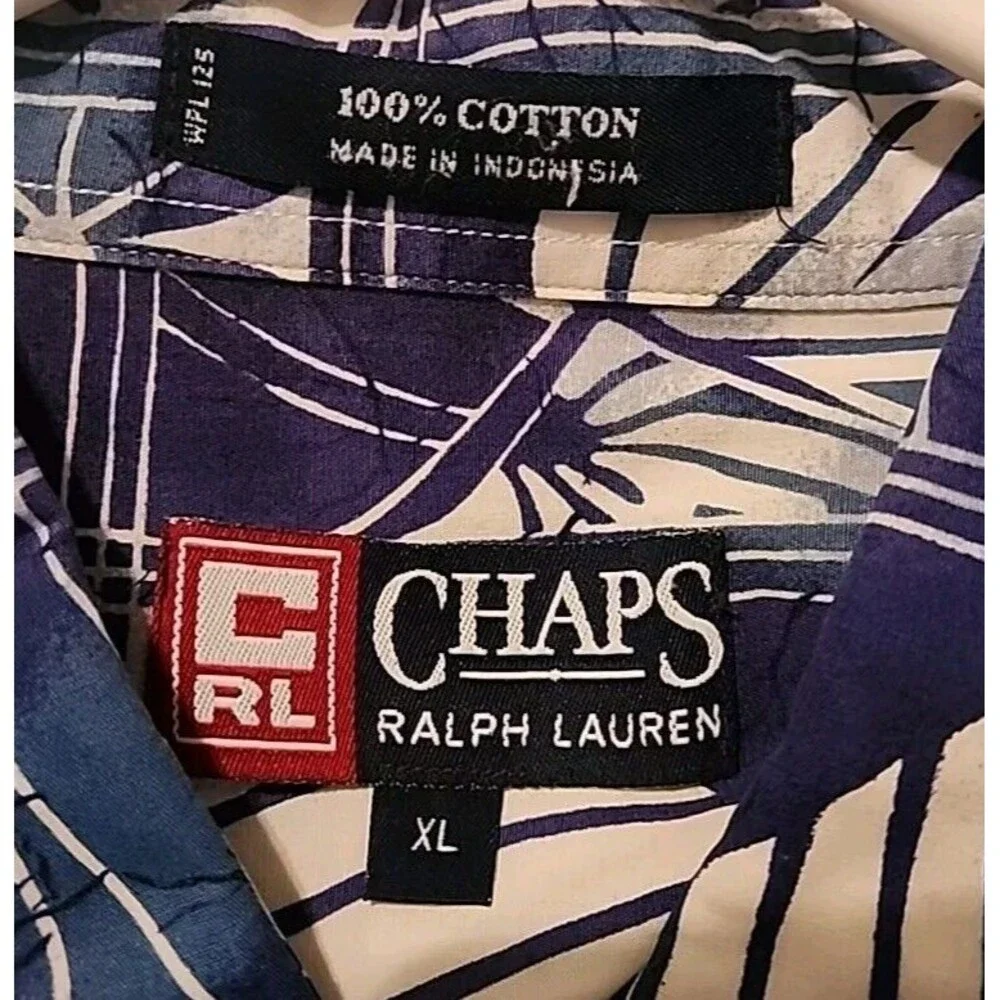 Chaps Ralph Lauren Mens XL Button Up Hawaiian Shirt Blue White Short Sleeve - Picture 4 of 7